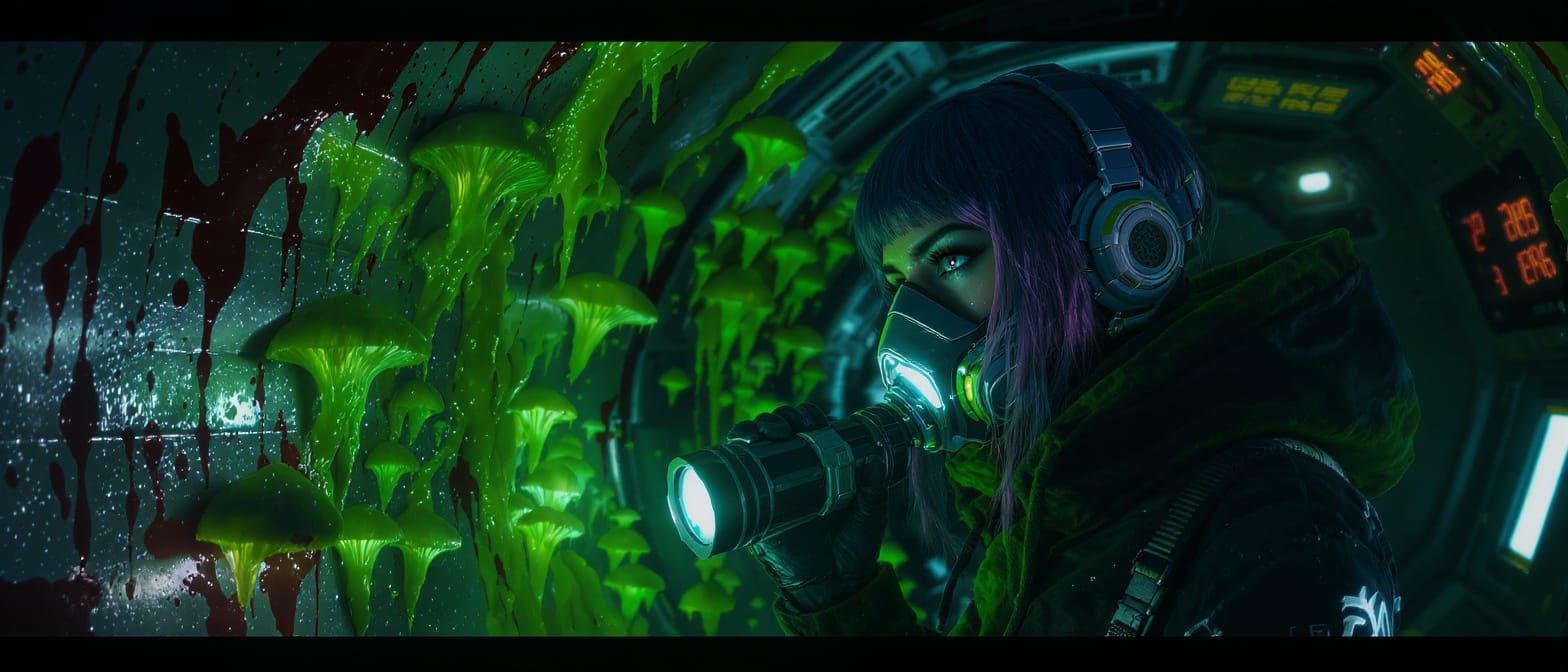 Cyberpunk Woman Explores Radioactive Spaceship