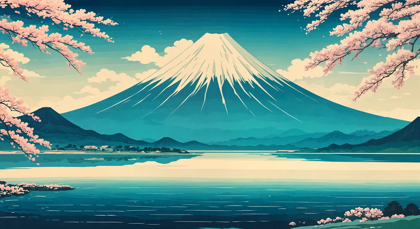 Mount Fuji in Ukiyo-e Woodblock Style