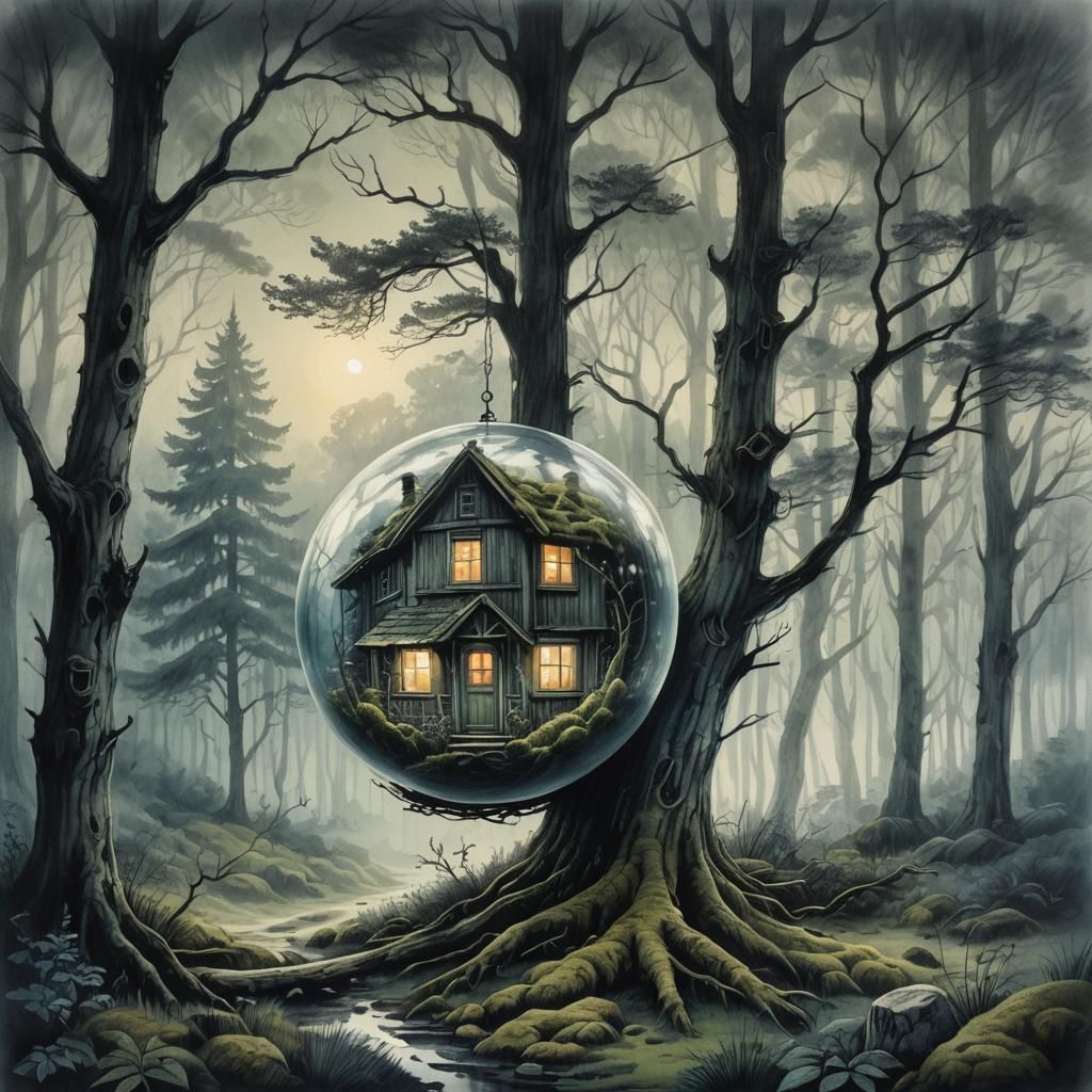 Old Cottage in Glass Sphere: Charcoal Drawing