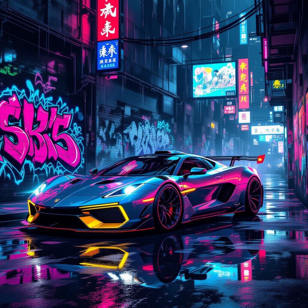 Futuristic Sports Car in Neon Cyberpunk Alley