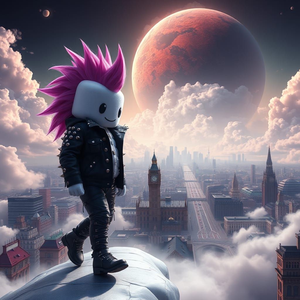 Marshmallow Punk Character Walking Above London