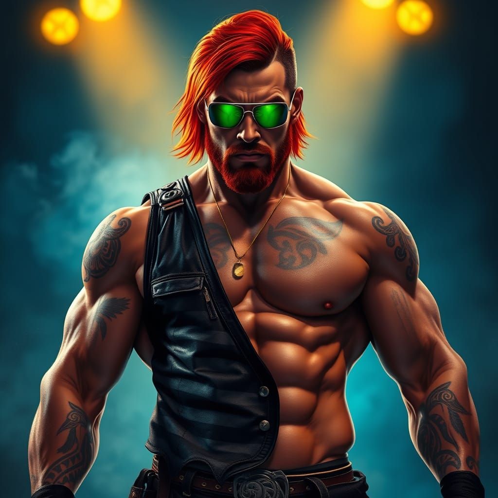 Muscular Wrestler in Dimly Lit Dojo with Tribal Tattoos