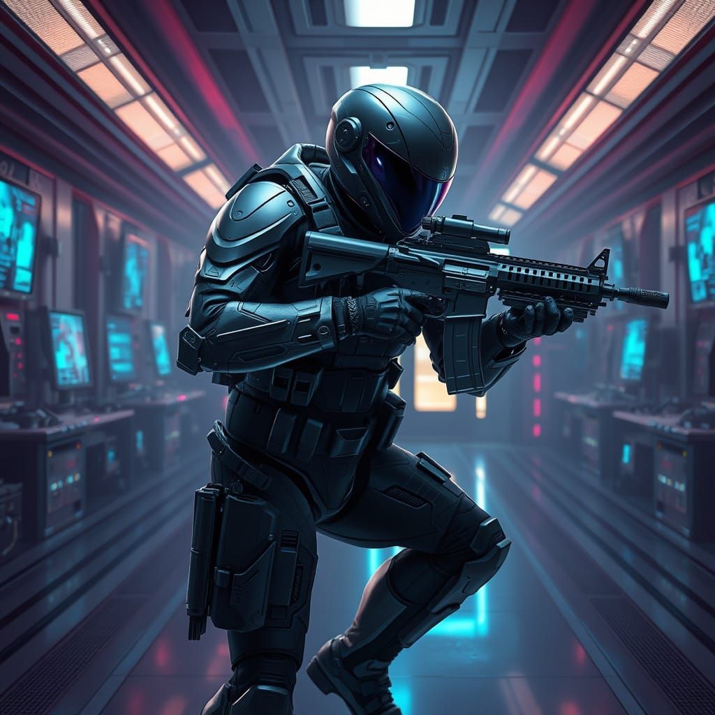 Cyberpunk Warrior in Futuristic Combat Suit