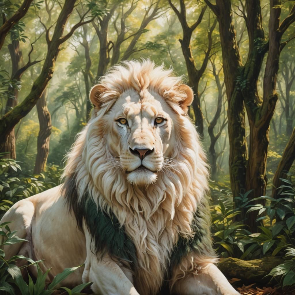 Majestic White Lion in Lush Forest: Photorealistic Wildlife