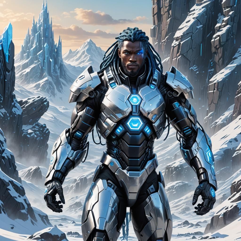 Icy African Superhero Commands Robot Army