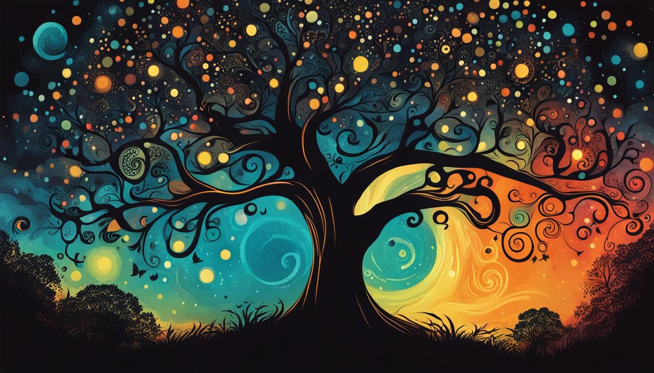 Glowing Mysterious Tree at Night: Whimsical Cartoon Poster