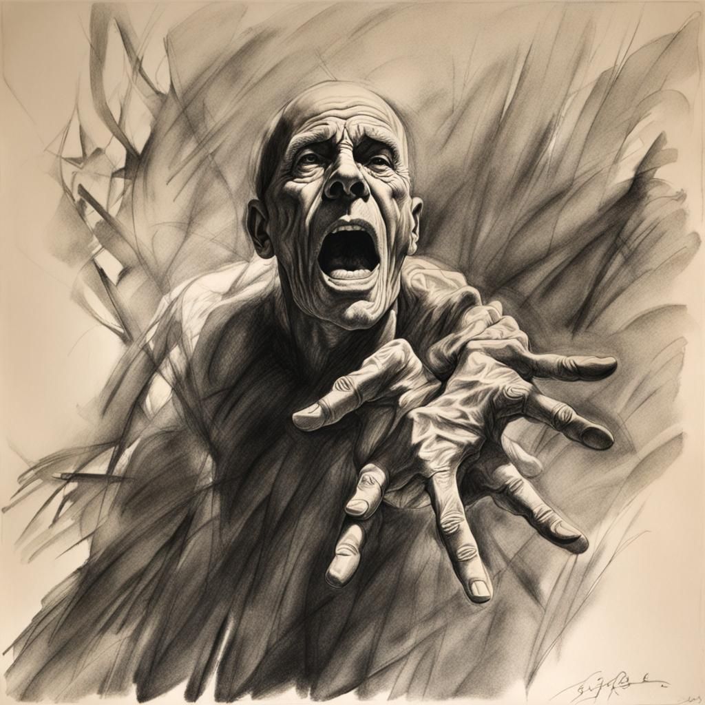 Eerie Figure Reaching Out: Hyperdetailed Charcoal Drawing