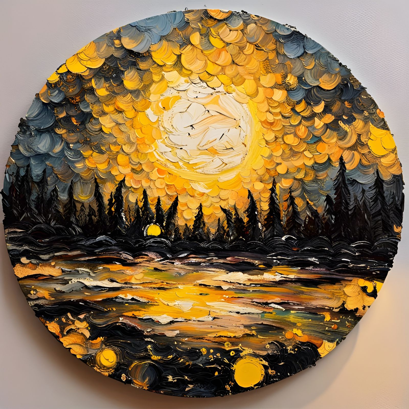 Landscape painting on round canvas (palette knife and oil paints, thick impasto)