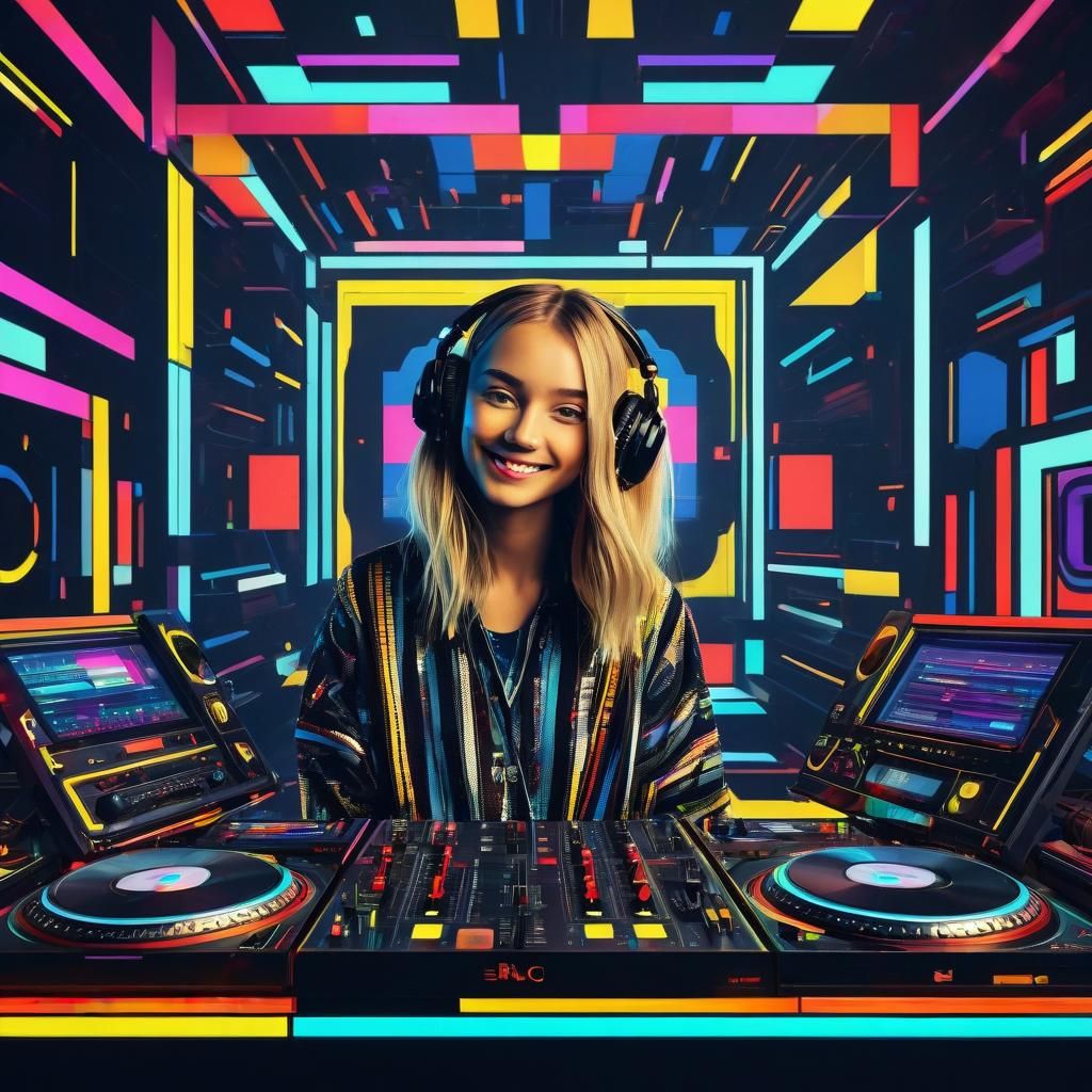 Masha Smiles with DJ Gear in Retro-Futuristic Art