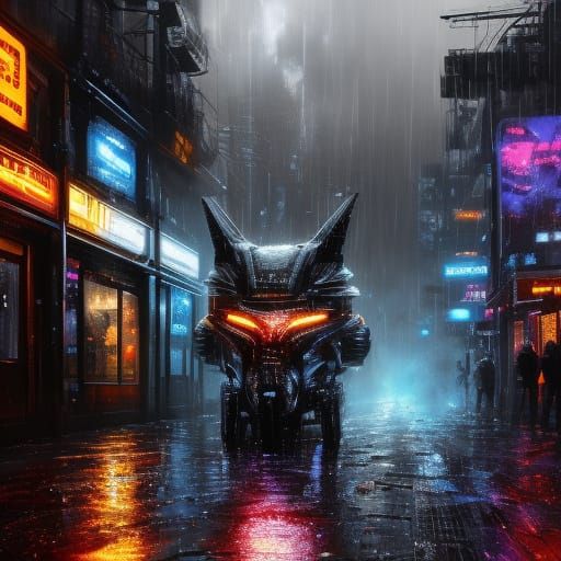 Cyberpunk Fox in Rainy Alleyway Film Still
