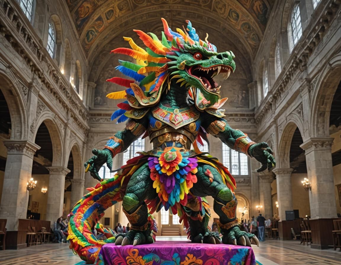 Quetzalcoatl in Rainbow Damask Fabrics