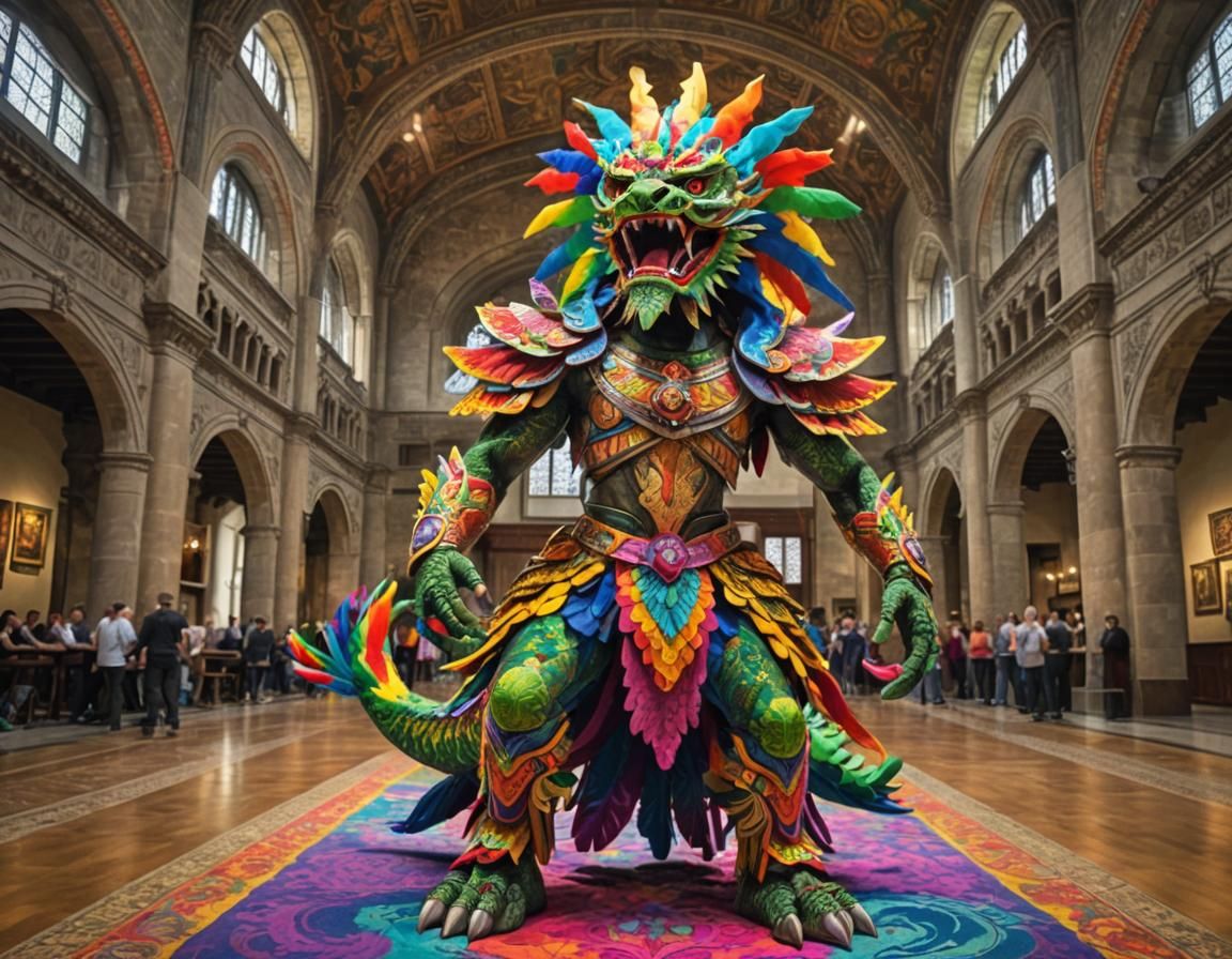 Quetzalcoatl in Rainbow Fabrics, Sharp Focus