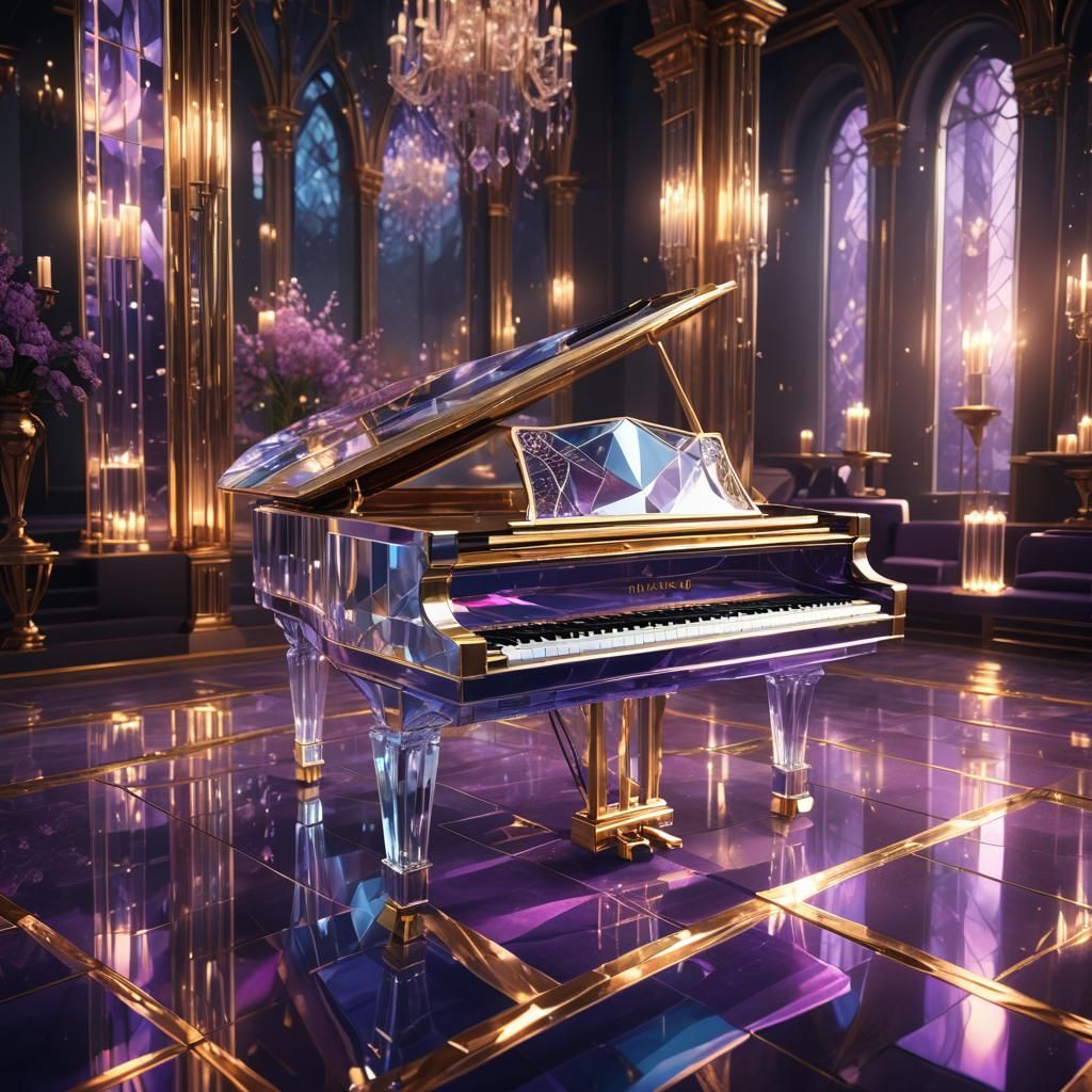 Crystal Piano Reflects Grand Hall: Art Deco Fantasy
