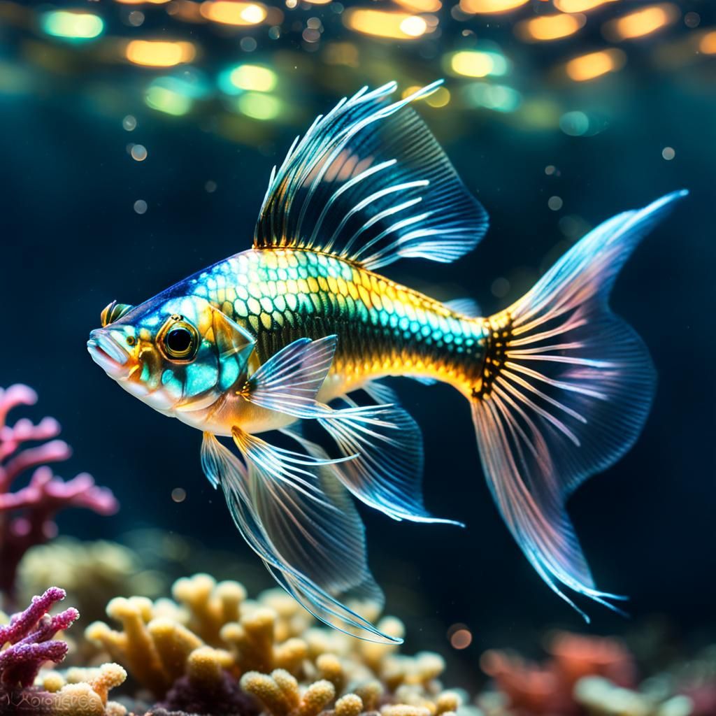 Luminous Crystal Guppies with Gold Trim