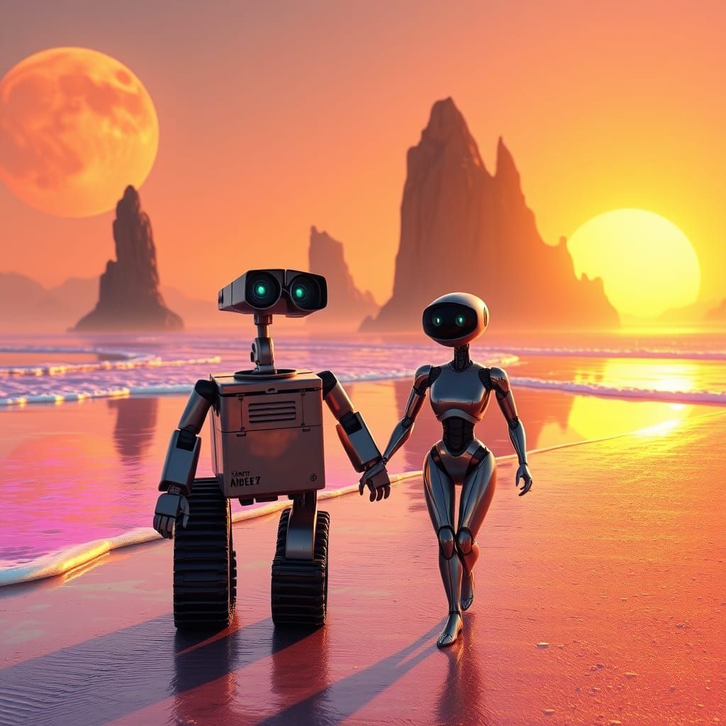 Romantic Futuristic Beach Scene with Robot Couple