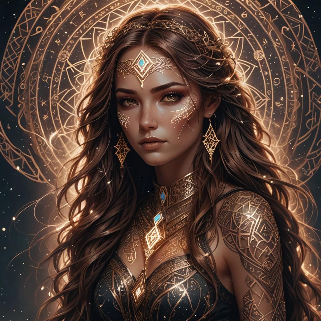 Mysterious Woman with Glowing Runic Tattoos