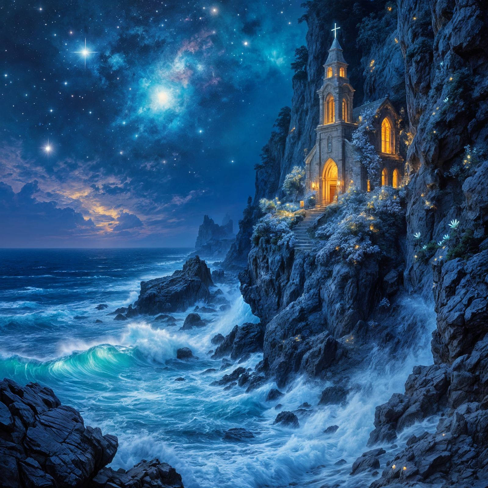 Ethereal Cliffside Church in Cosmic Twilight