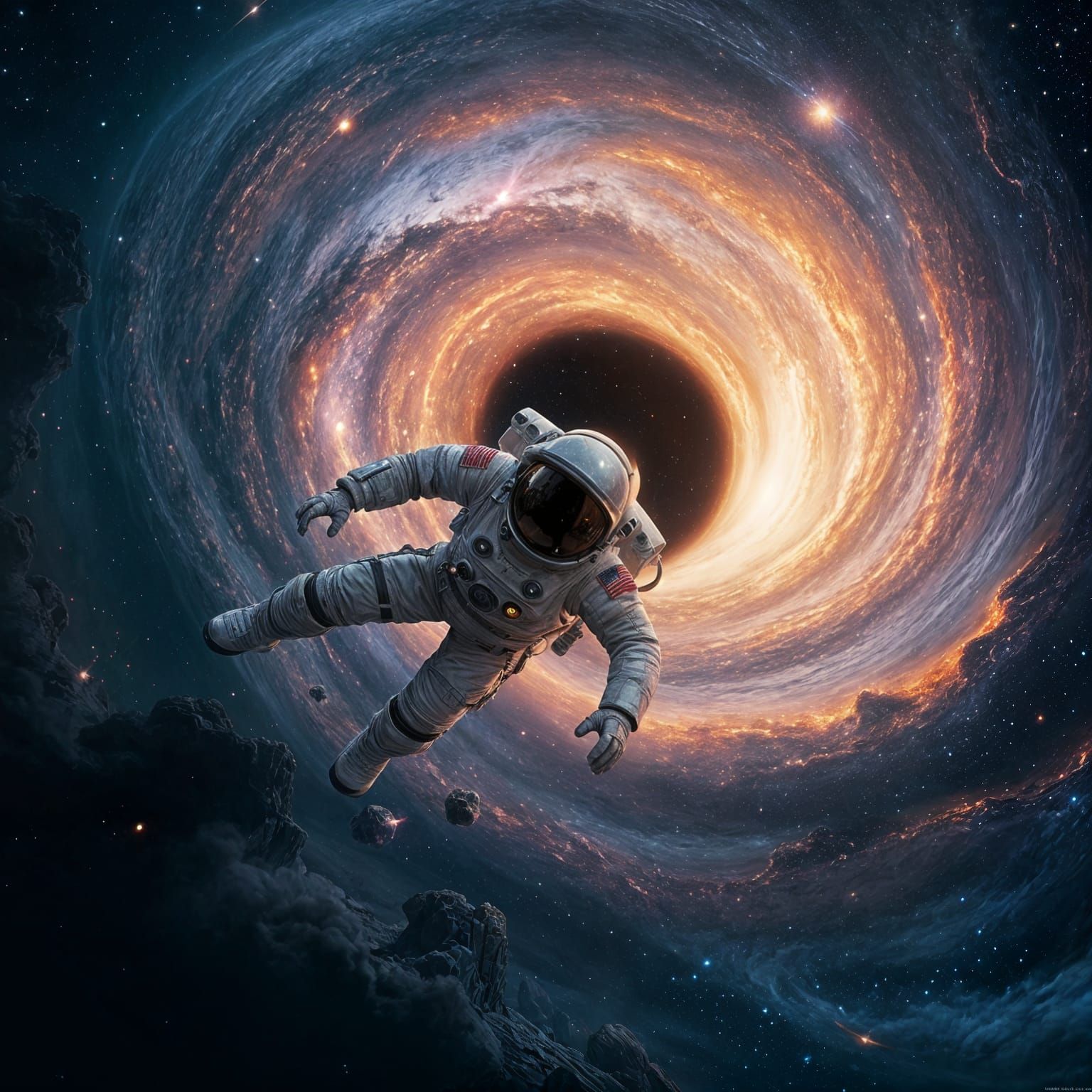 Astronaut Plunges into a Vibrant Galaxy Black Hole