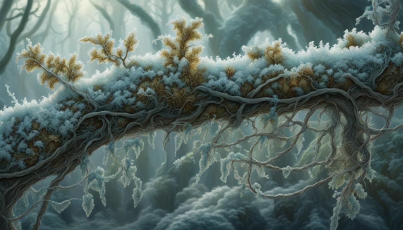 Frosted Branch Amid Jungle Vines in Romantic Style