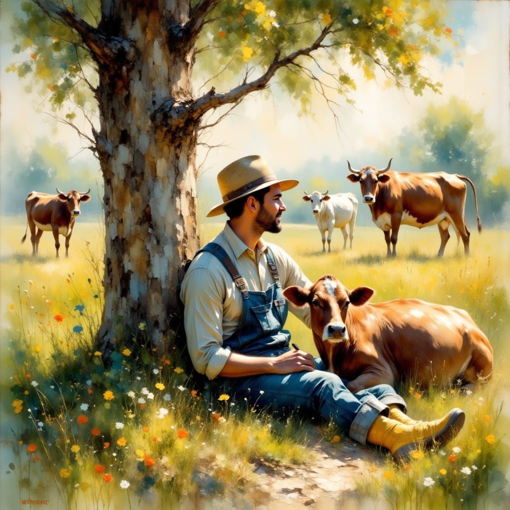 Farmer Resting with Cow in Impressionistic Meadow