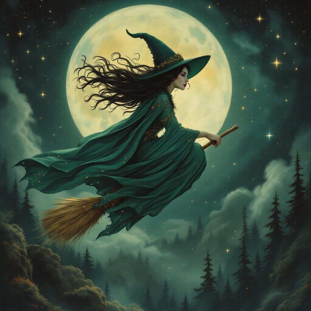 Witch Flying Broomstick Under Starry Moonlit Sky