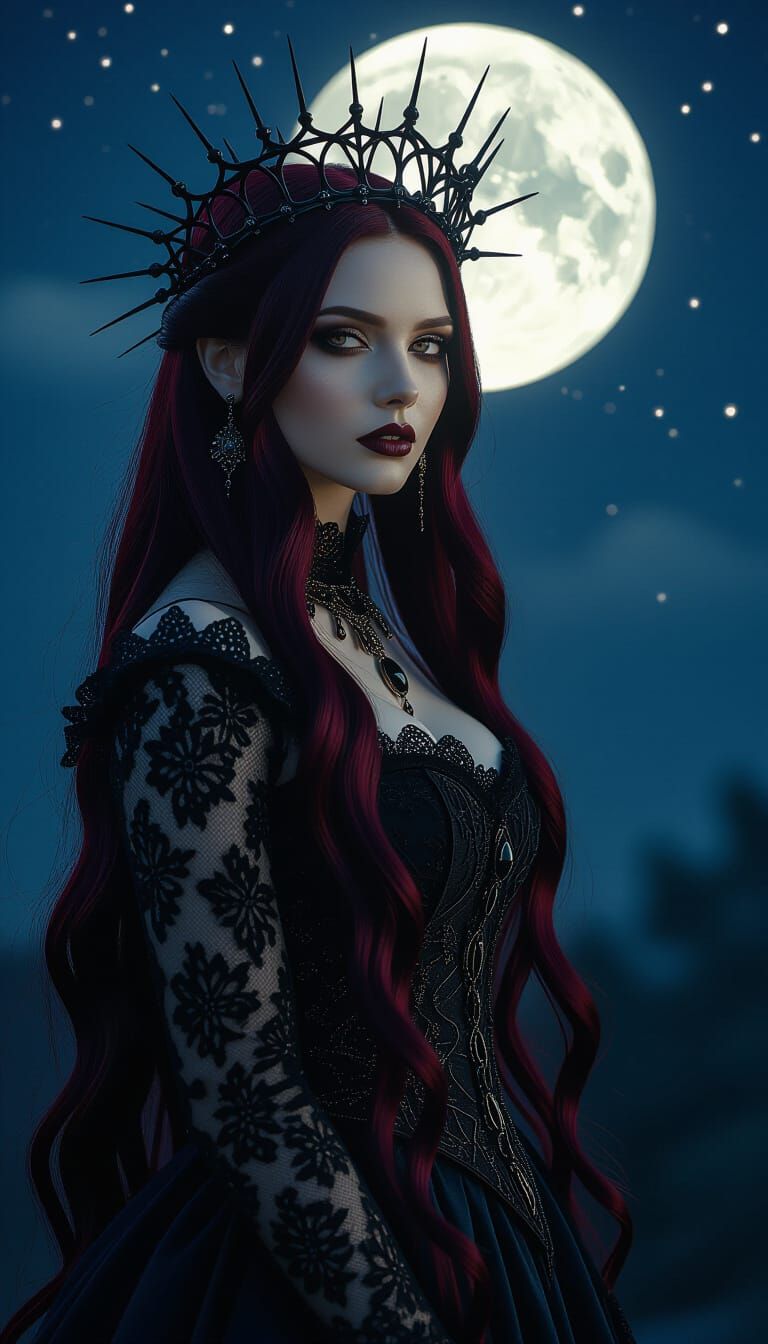 Gothic Moon Goddess with Burgundy Hair in Cinematic Style