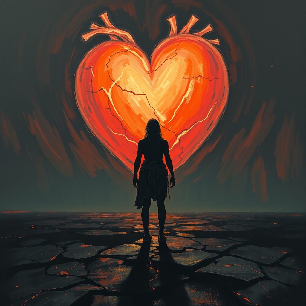 Silhouette Before Pulsating Heart: Expressionist Landscape