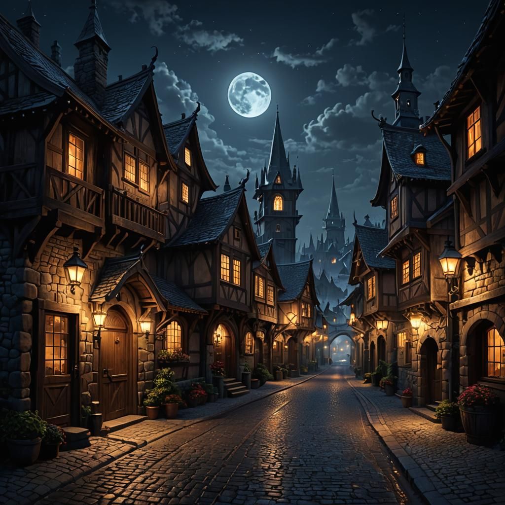 Epic Dark Fantasy Village at Night in 8k