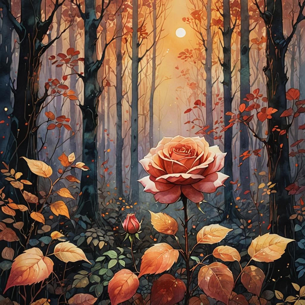 Mystical Rose in Autumnal Forest, Watercolor Art