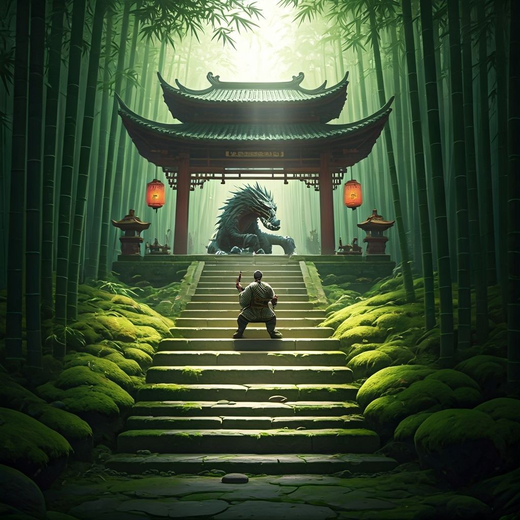 Dragon Master Teaches Apprentice in Tranquil Bamboo Forest