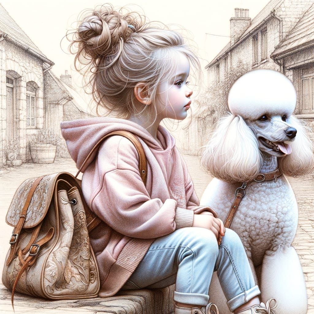 Ethereal European Girl in Profile, Surrounded by Village Whi...