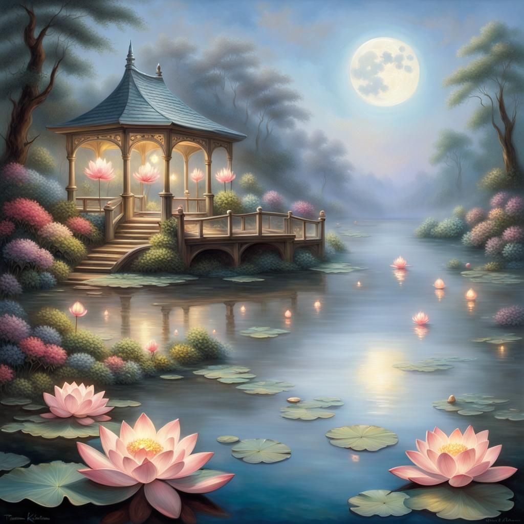Moonlit Lake with Lotus Flowers in Glass Vases
