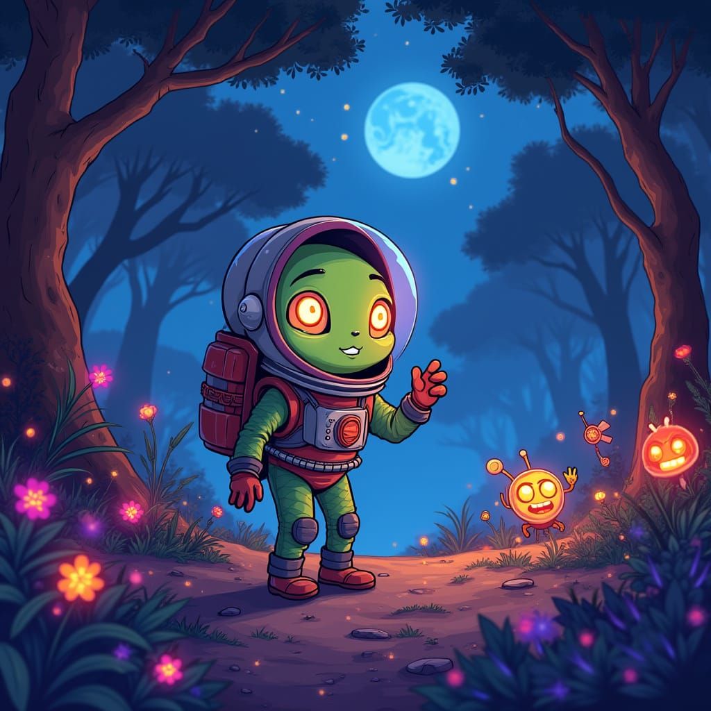 Mischievous Alien Exploring Bioluminescent Forest in Animate...
