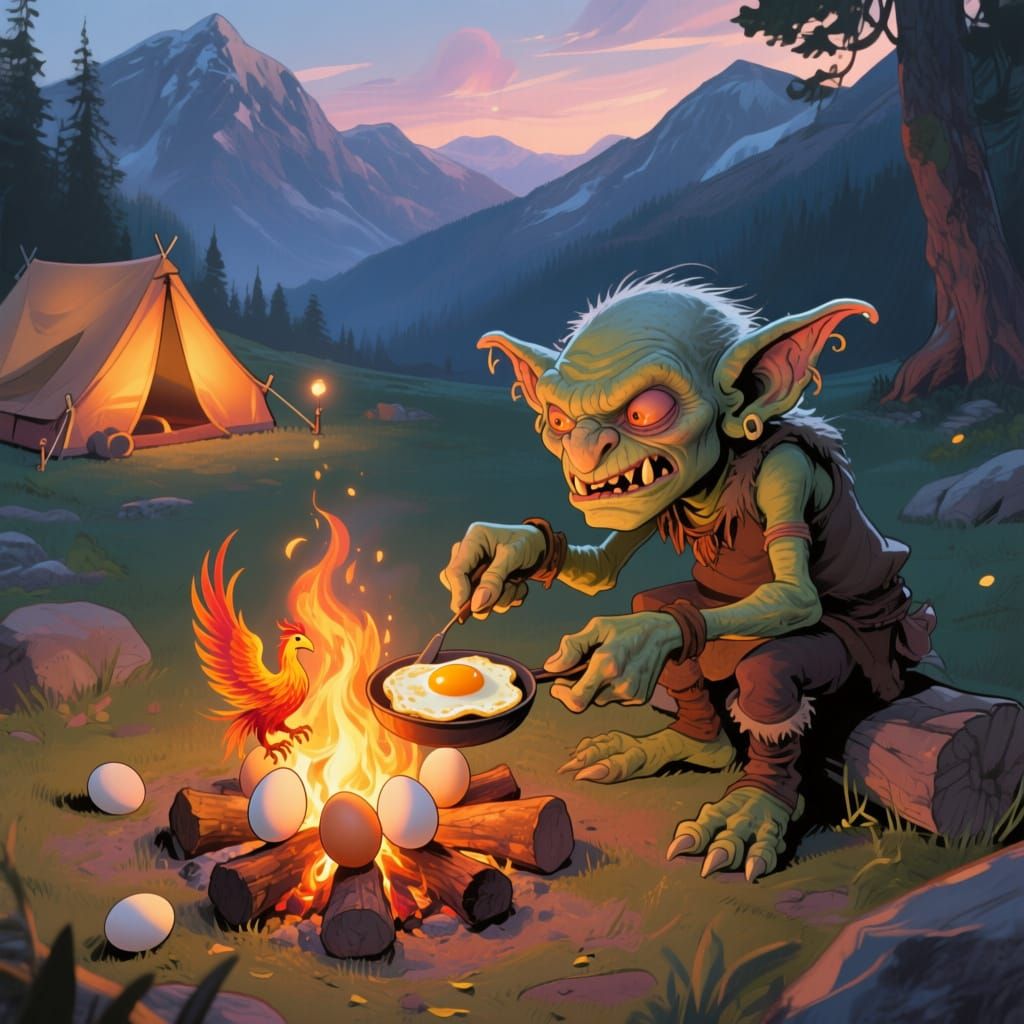 Goblin Chef Prepares Fiery Phoenix Omelet by Campfire