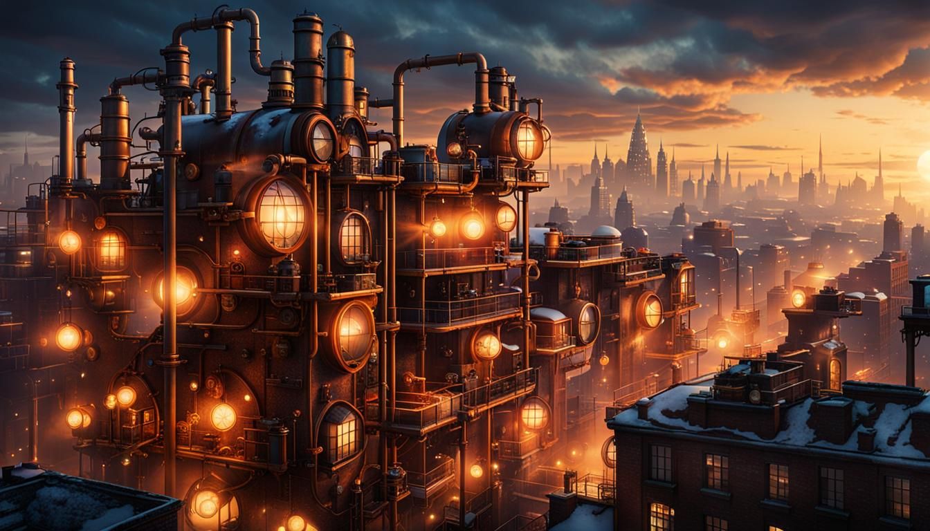 Steampunk Cityscape at Dusk with Heavenly Lights