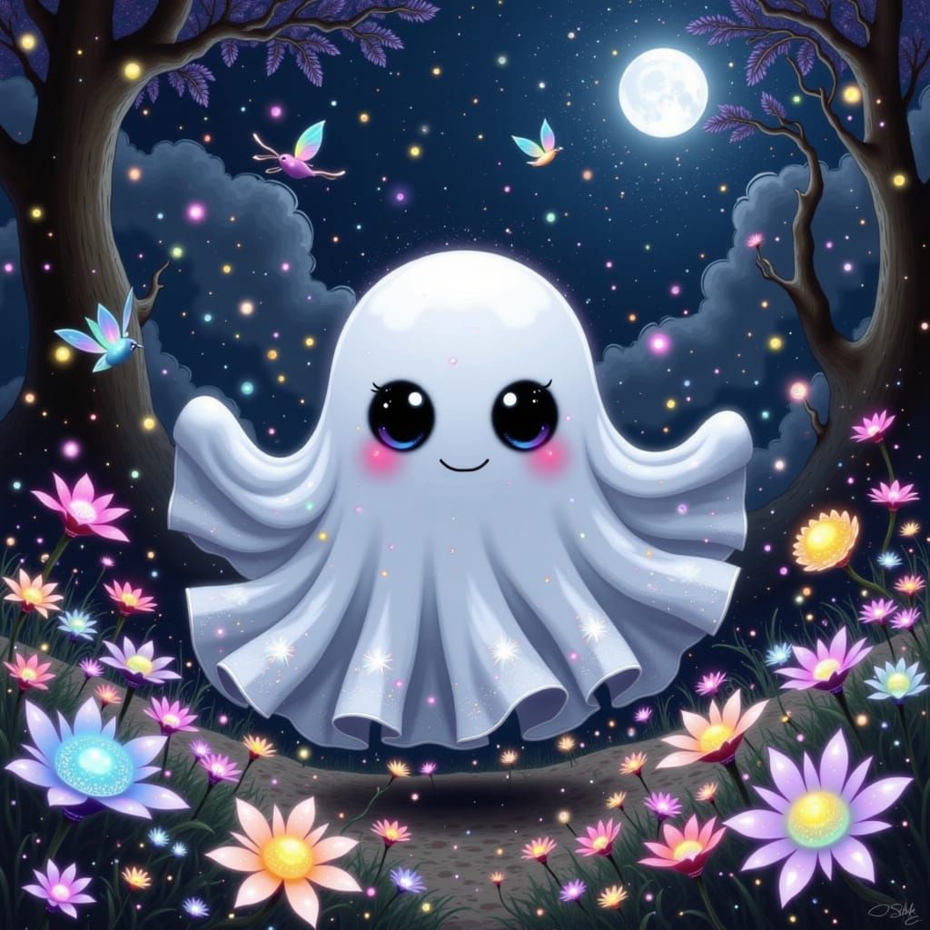 Chibi Ghost in Ghibli Style Fantasy Landscape