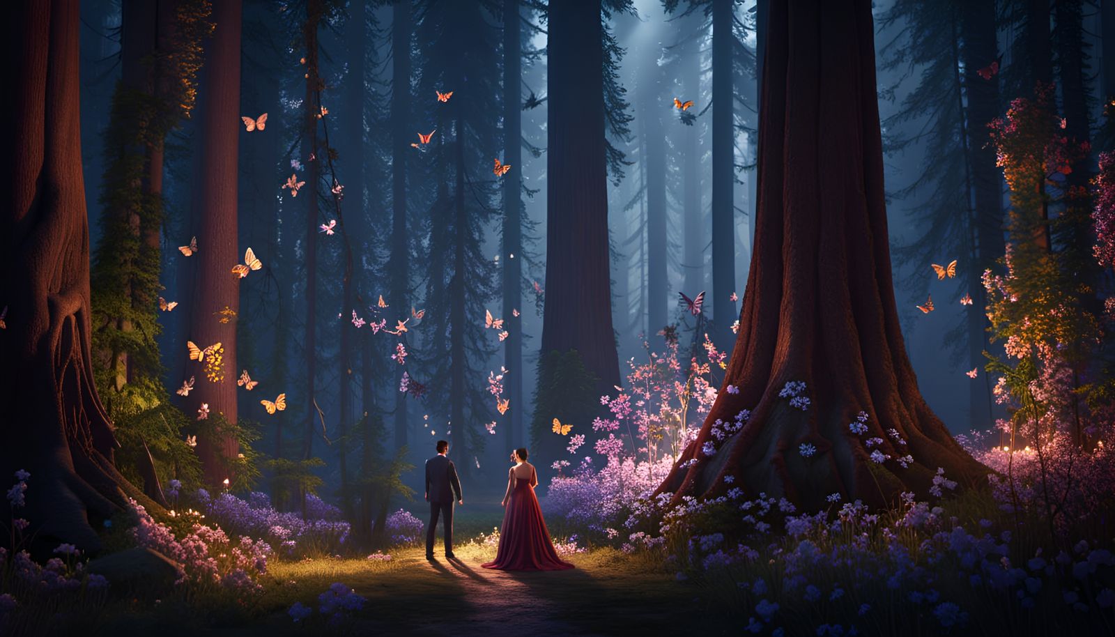 Sequoia Forest Couple Under Illuminated Butterflies