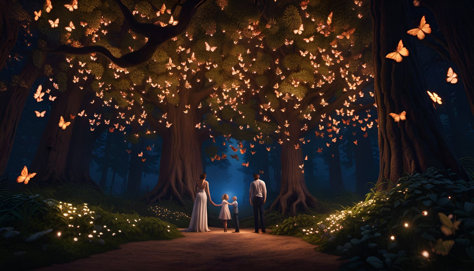 Couple in Illuminated Sequoia Forest: Fantasy Scene