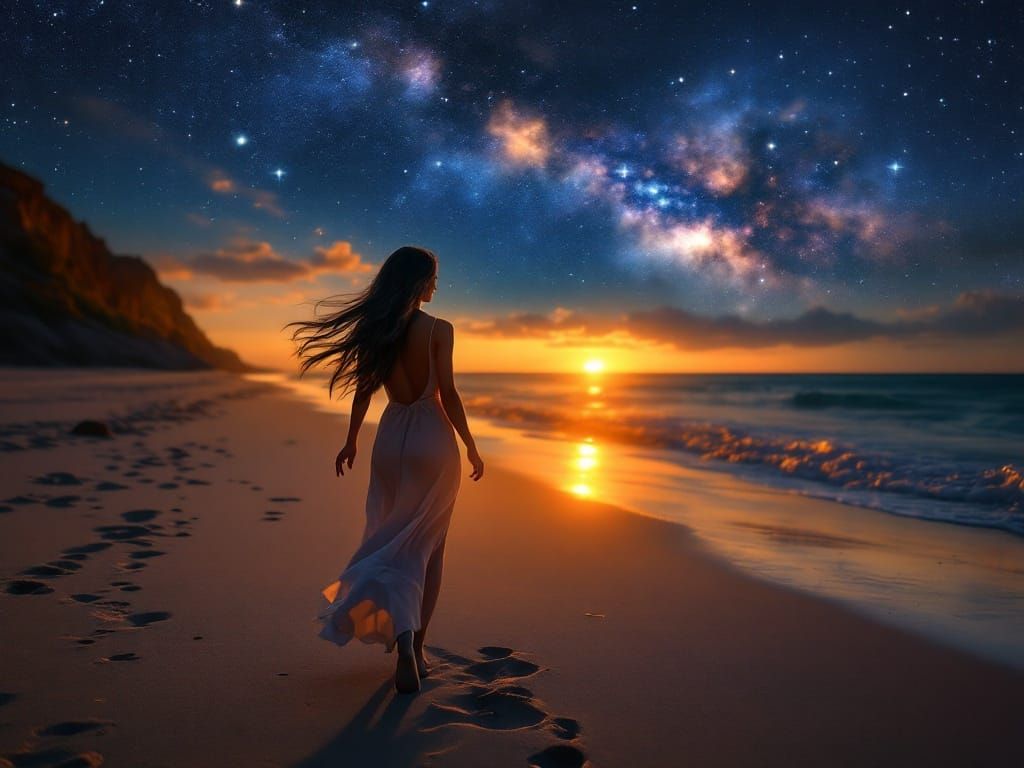 Ethereal Moonlit Goddess Strolls Golden Beach