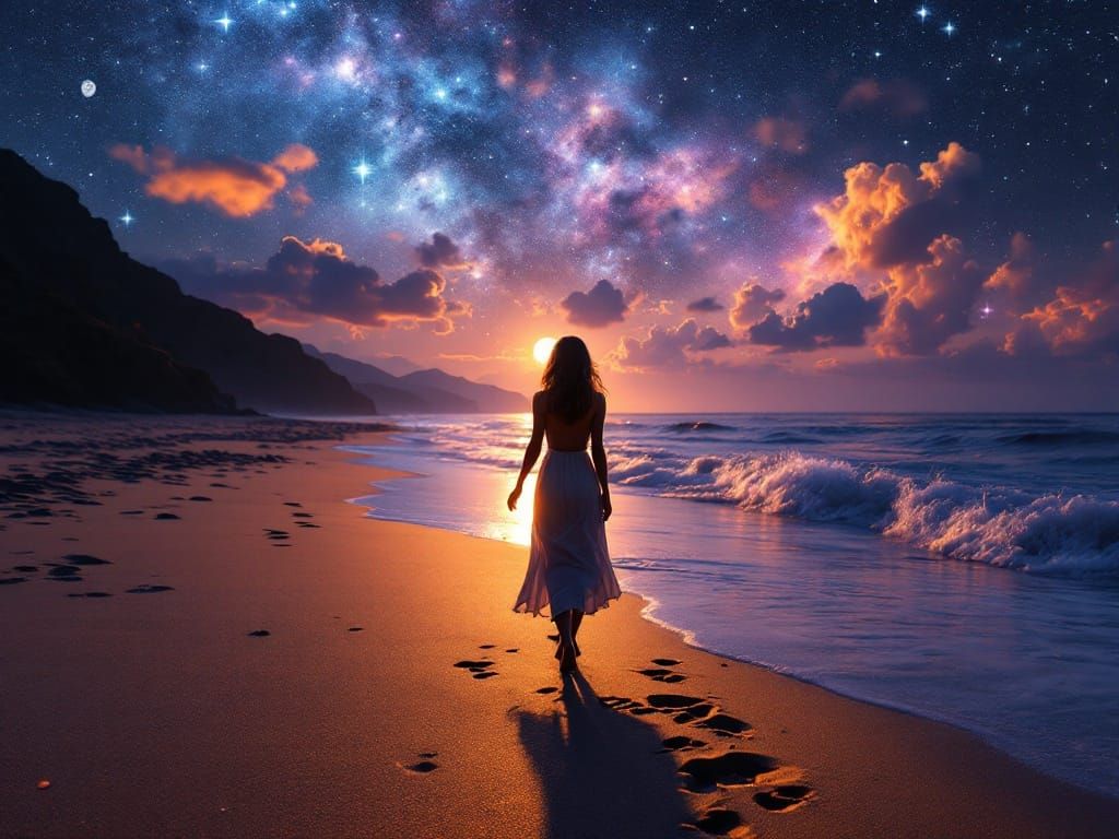 A Serene Nighttime Scene of a Woman Walking on a Moonlit Bea...
