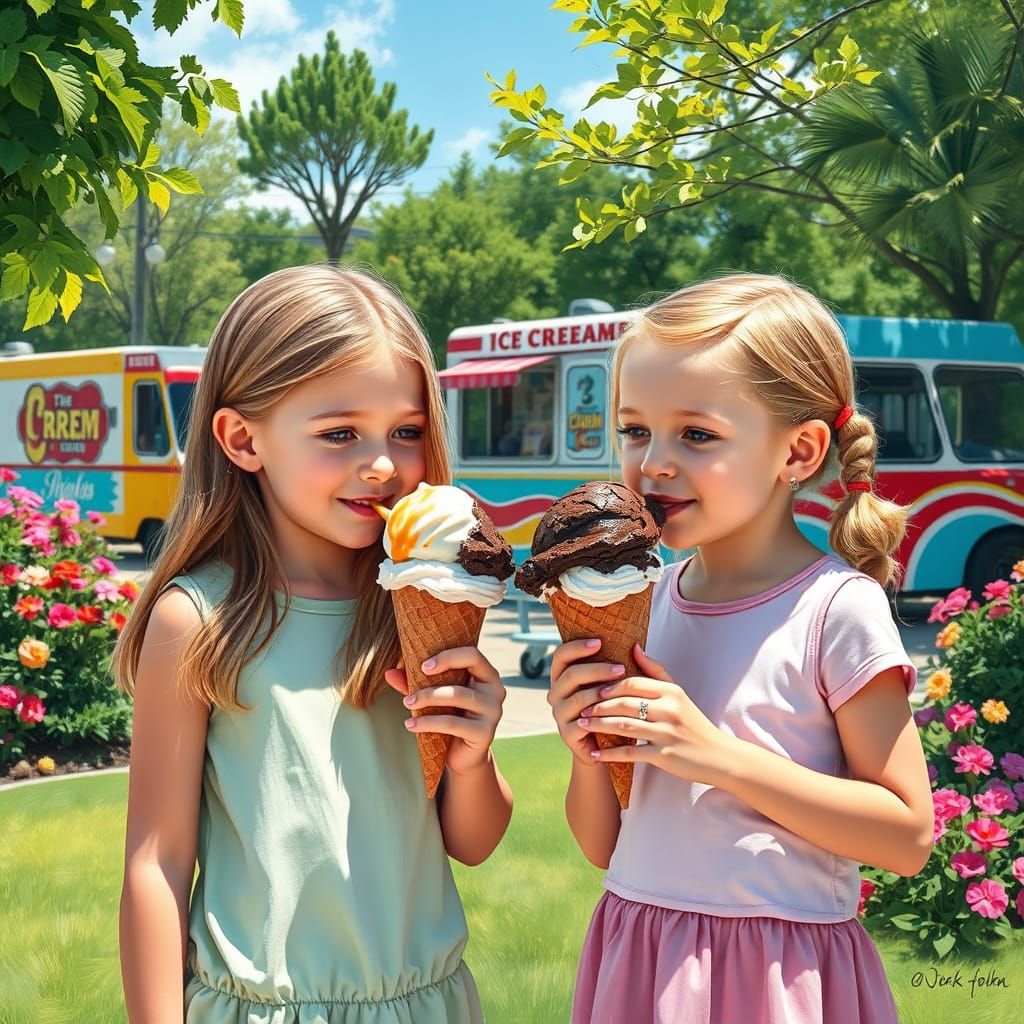 Girls Share Ice Cream in Sunny Park, Realistic Style