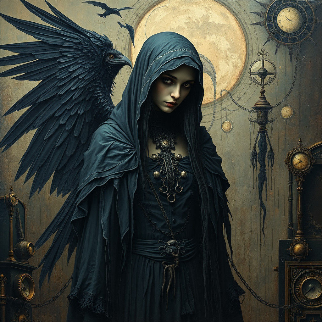 Surreal Raven Woman in Art Deco Impasto Style