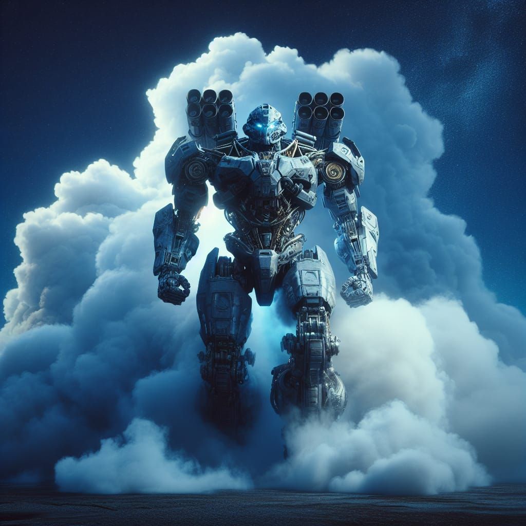 Armored Robot Emerges from Blue Smoke