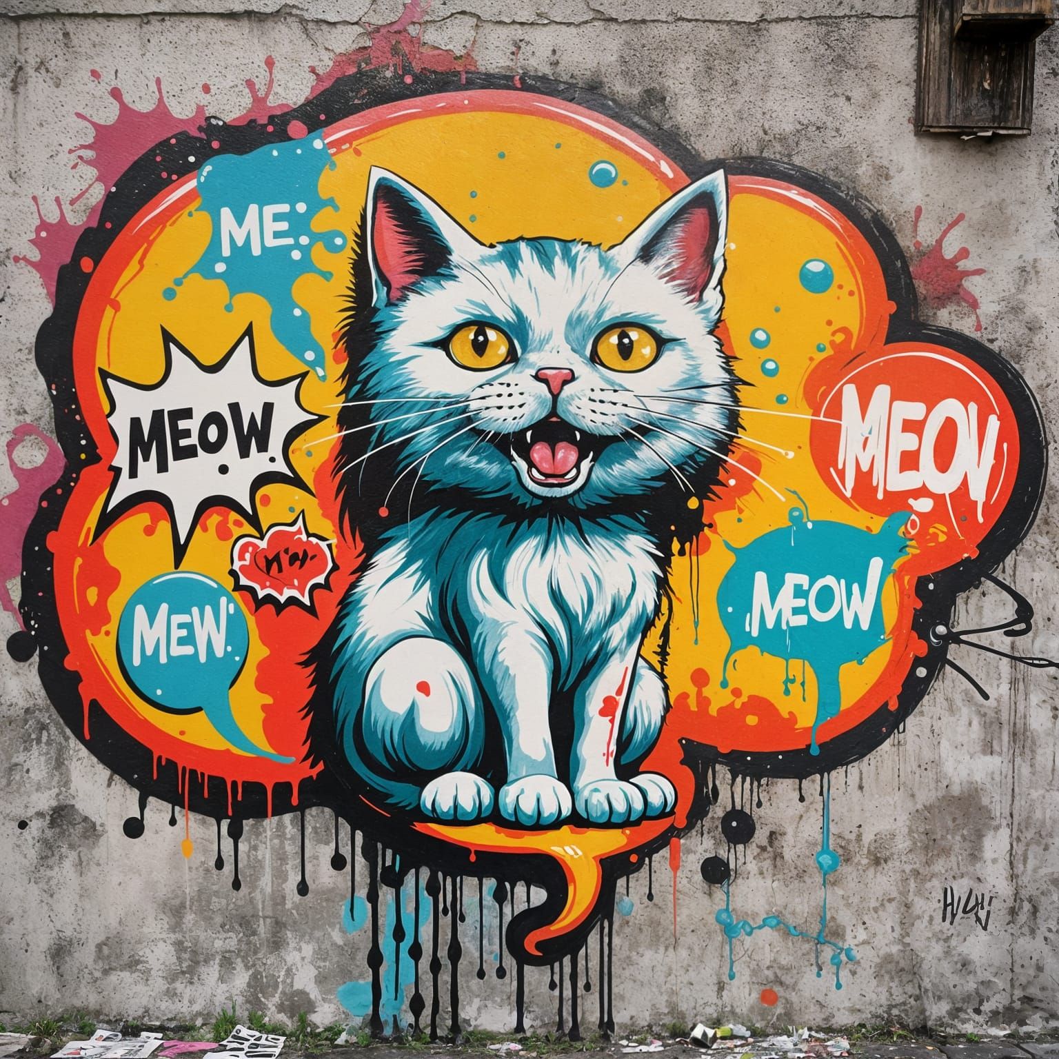 Cute Cat Graffiti Art with Speech Bubble
