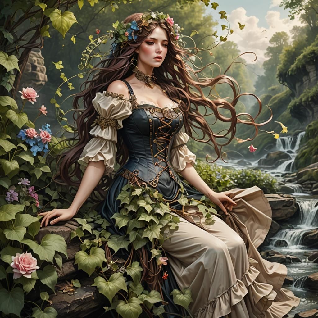 Steampunk Nymph Blowing Flowers by Stream