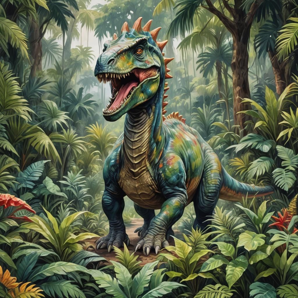 Majestic Dinosaur in Gouache Style, Epic Prehistoric Scene