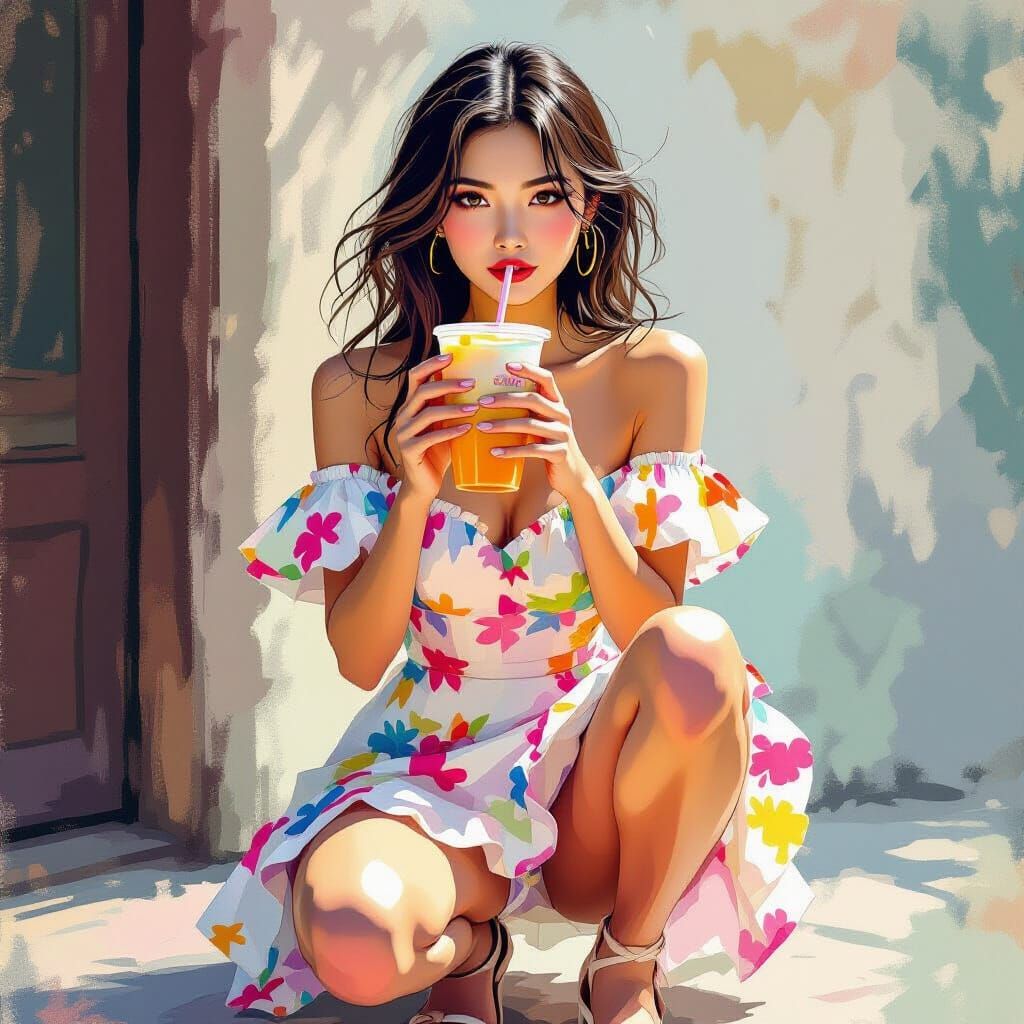 Chinese Fashion Model with Pearl Milk Tea