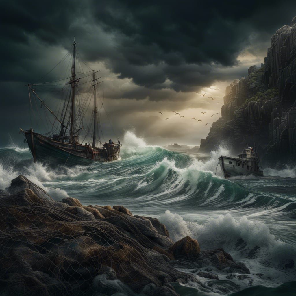 Dramatic Fishermen on Rocky Coast Digital Painting