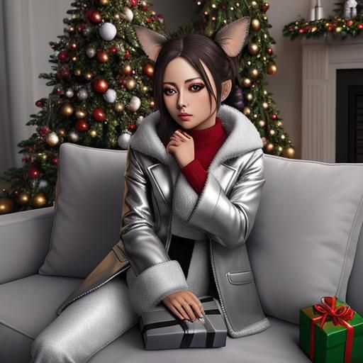 Silver Chihuahua Portrait with Christmas Tree