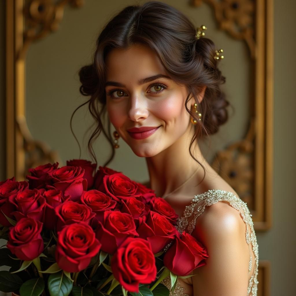 Elegant Woman with Roses in Art Nouveau Style